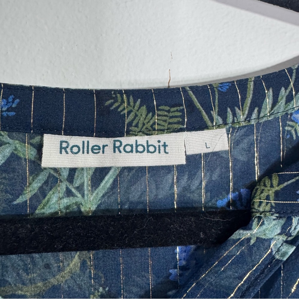 Roller Rabbit Silk Midi Dress Blue Metallic Floral Size L - Picture 5 of 7